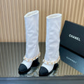CHANEL 25S KNEE-HIGH HEELED BOOTS 65MM IN WHITE CALFSKIN GOLD HARDWARE