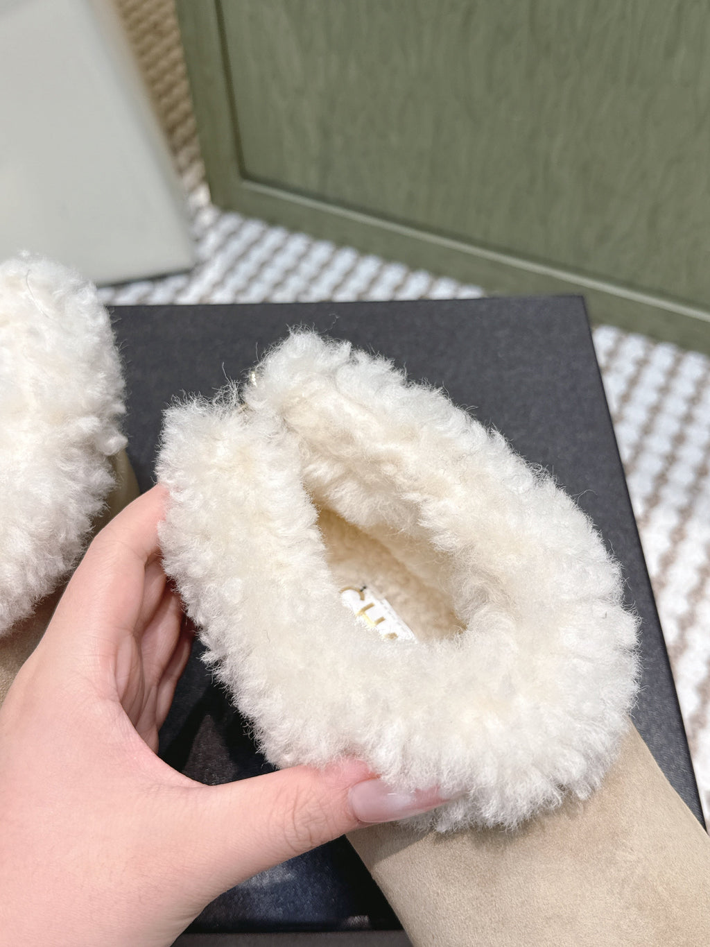 CHANEL 25S SHORT SUEDE BOOTS IN BEIGE AND BLACK WITH SHEEPSKIN LINING
