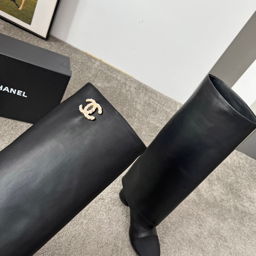 CHANEL 25S HIGH BOOTS 55MM IN BLACK CALFSKIN AND CANVAS GOLD HARDWRE