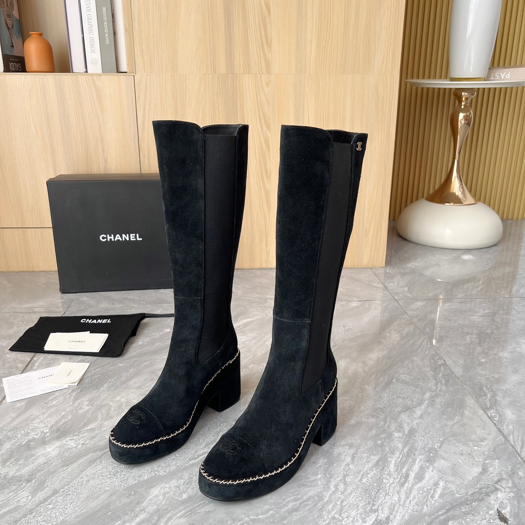 CHANEL 25S HIGH BOOTS STRETCHY SHAFT 85MM IN BLACK SUEDE GOLD HARDWARE