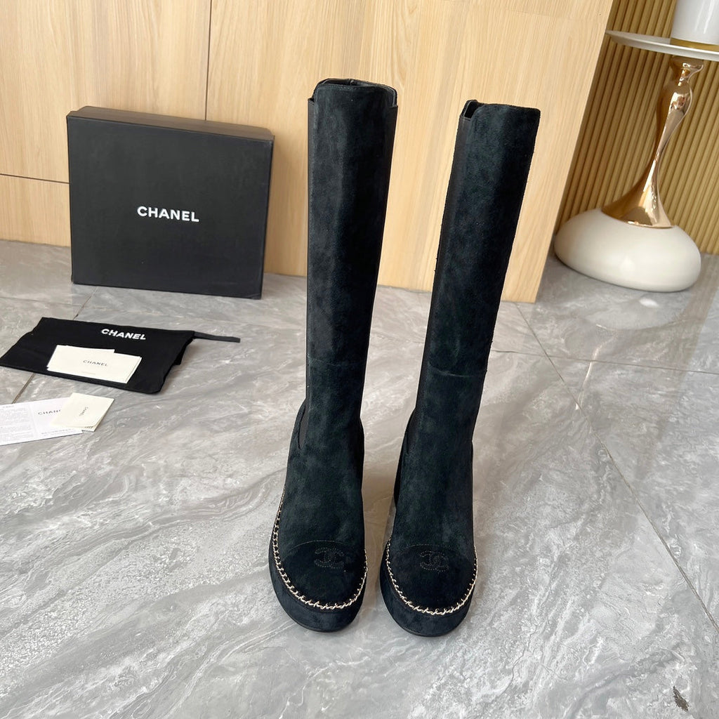 CHANEL 25S HIGH BOOTS STRETCHY SHAFT 85MM IN BLACK SUEDE GOLD HARDWRE