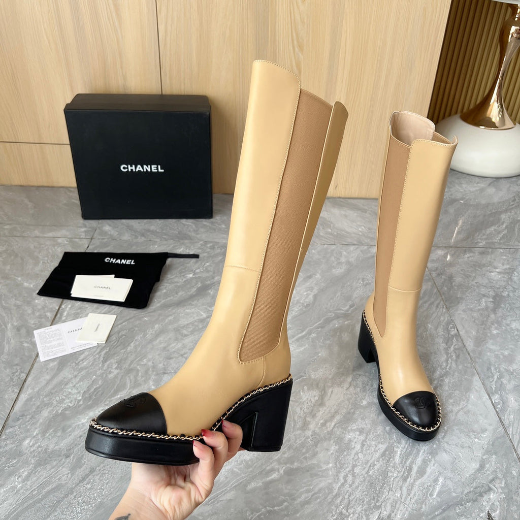 CHANEL 25S HIGH BOOTS STRETCHY SHAFT 85MM IN LIGHT BROWN CALFSKIN GOLD HARDWRE