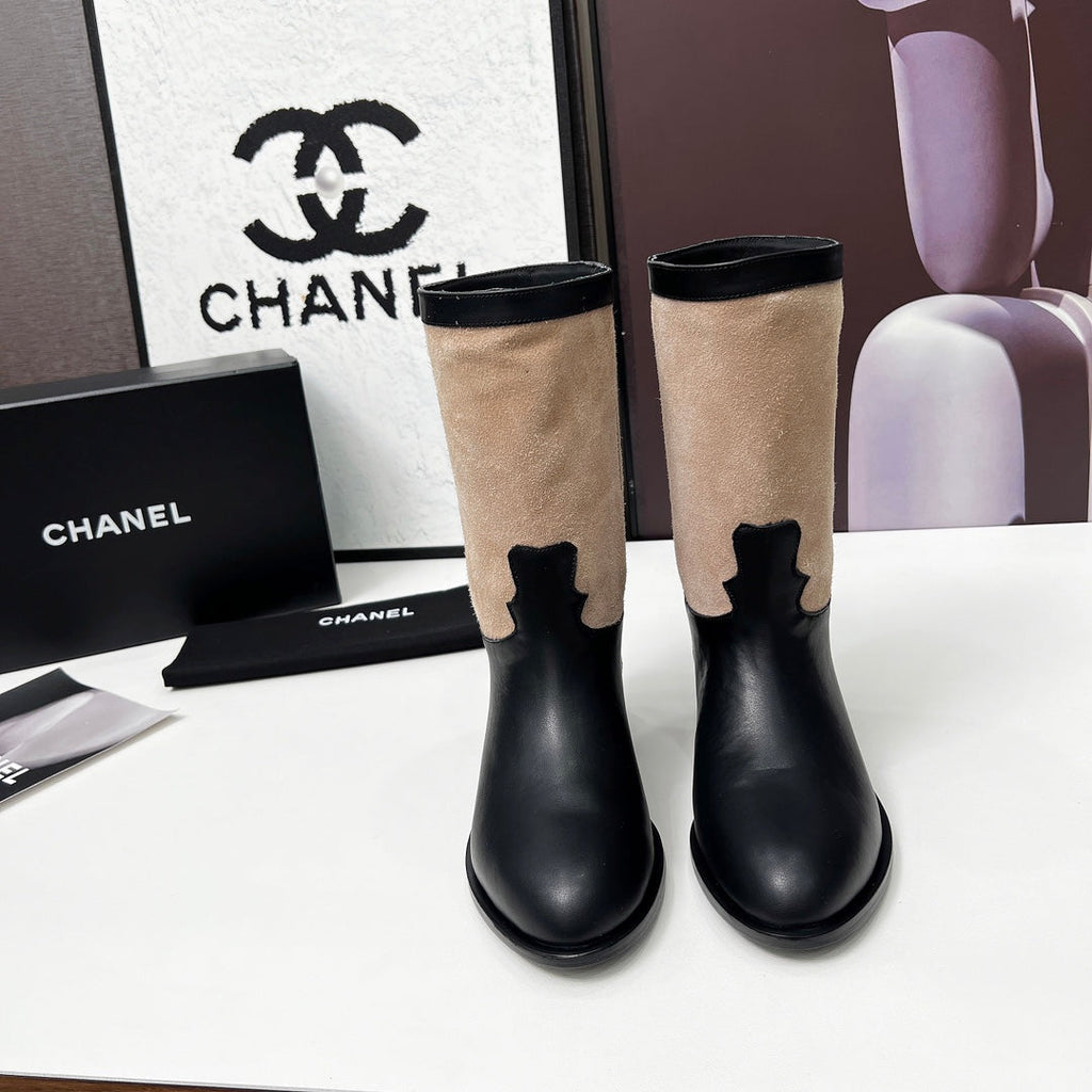 CHANEL 25S MID-CALF BOOTS 35MM IN BLACK CALFSKIN AND TAUPE GRAY SUEDE GOLD HARDWRE