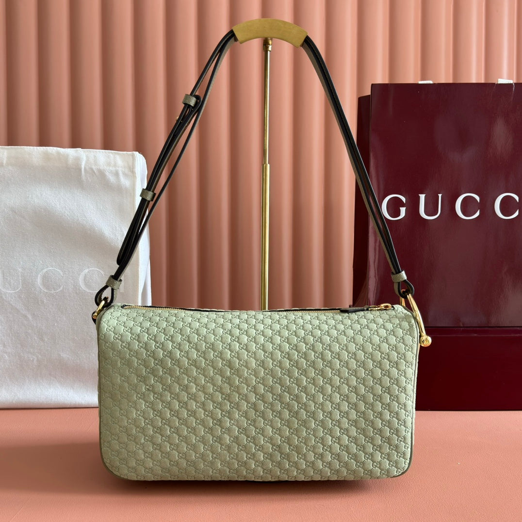 GUCCI 26S SHOULDER BAG 31 IN LIGHT GREEN EMBOSSED SUEDE