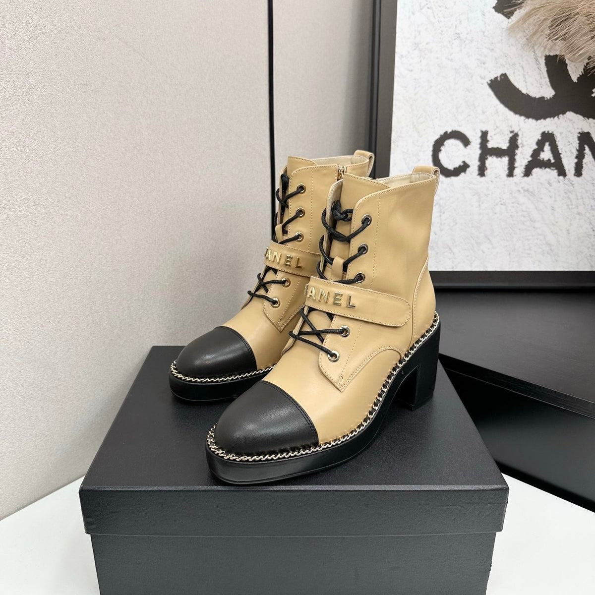CHANEL 25S LACE-UP HEELED ANKLE BOOTS IN LIGHT GOLD CALFSKIN