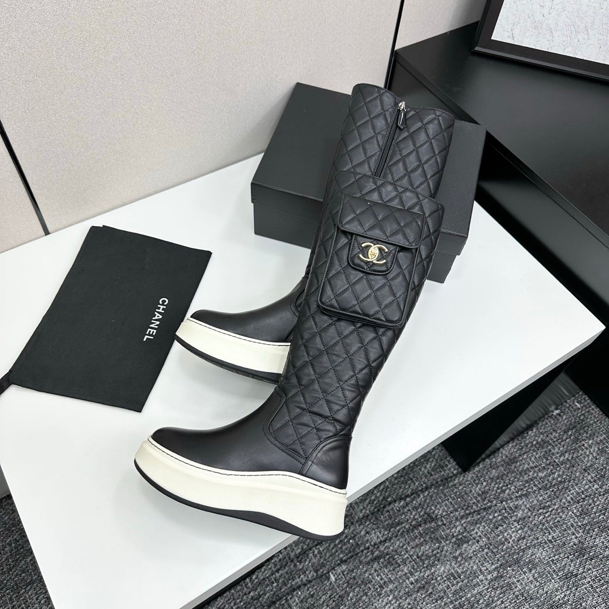 CHANEL 25S WEDGE KNEE-HIGH BOOTS IN BLACK CALFSKIN SILVER HARDWRE
