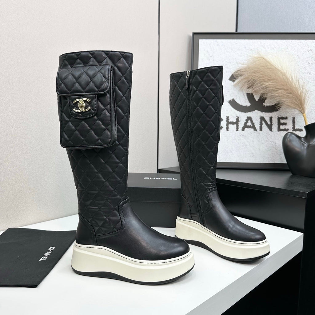 CHANEL 25S WEDGE KNEE-HIGH BOOTS IN BLACK CALFSKIN SILVER HARDWRE