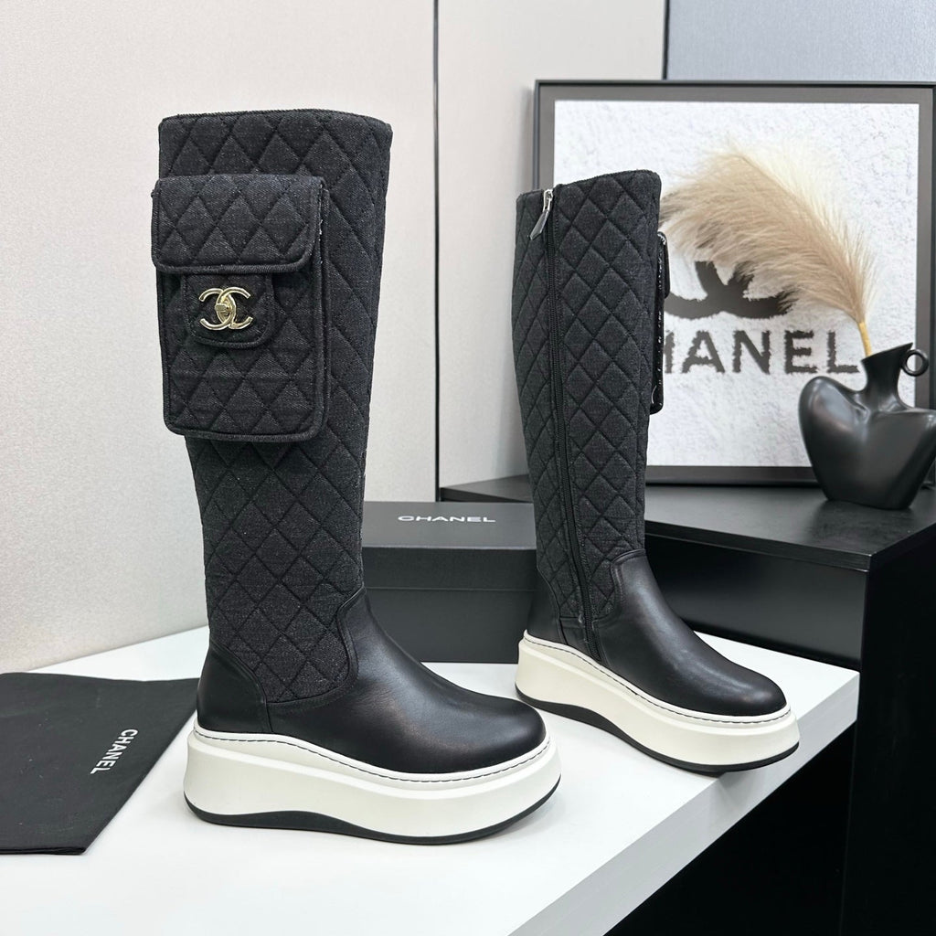 CHANEL 25S WEDGE KNEE-HIGH BOOTS IN BLACK CALFSKIN SILVER HARDWRE