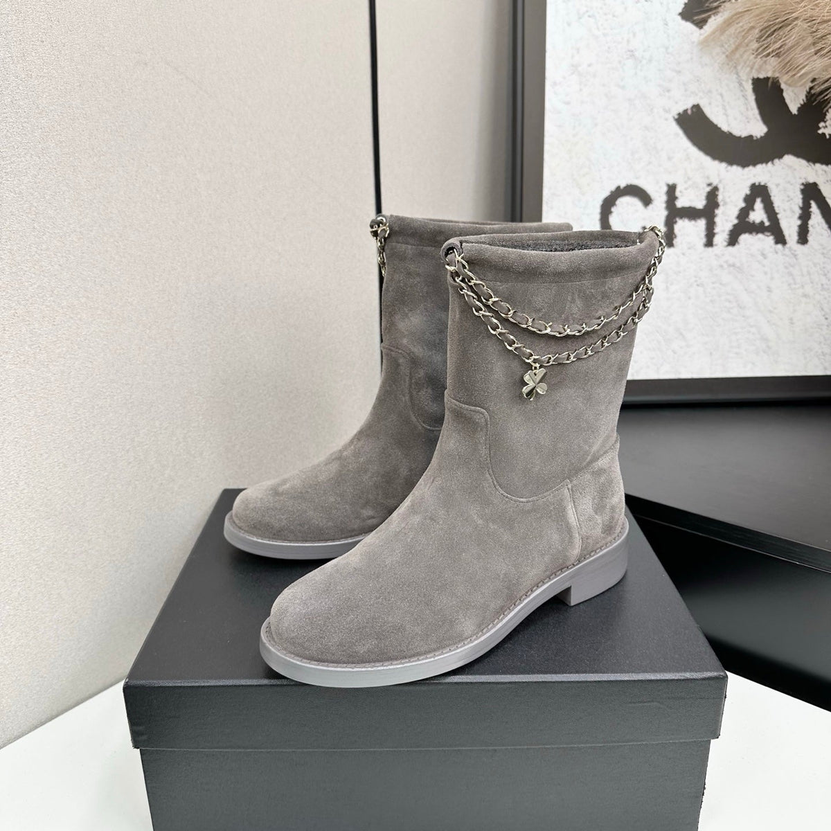 CHANEL 25S SHORT BOOTS IN GRAY SUEDE SILVER HARDWRE