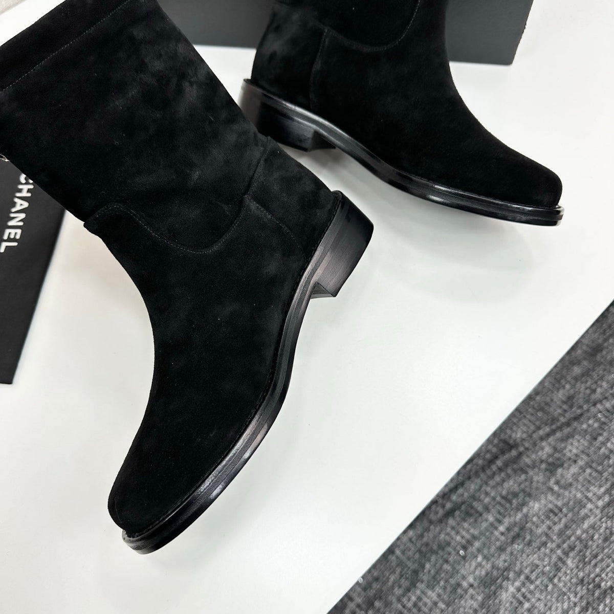CHANEL 25S SHORT BOOTS IN BLACK SUEDE SILVER HARDWRE