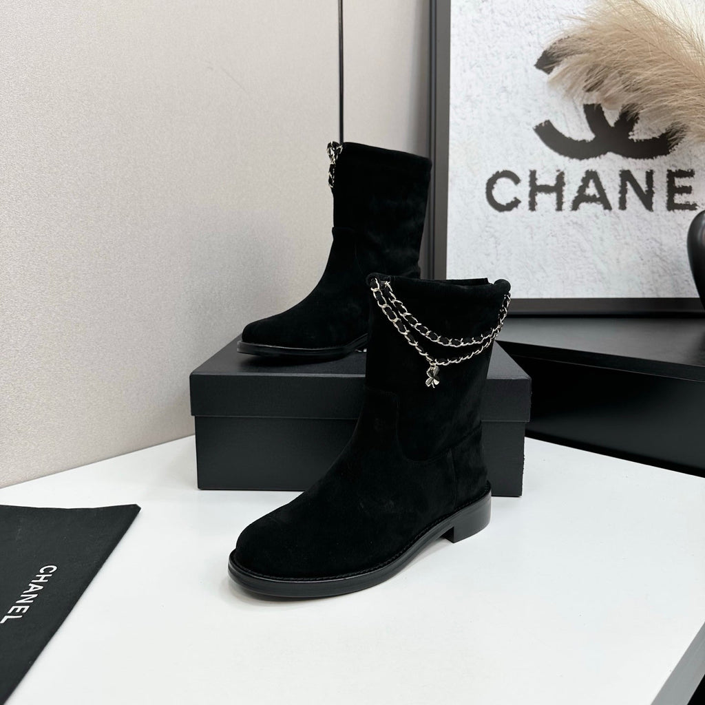 CHANEL 25S SHORT BOOTS IN BLACK SUEDE SILVER HARDWARE